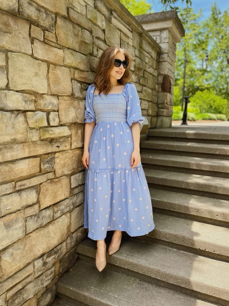 Blue Floral Smocked Midi Dress, Perfect Tea Party Outfit